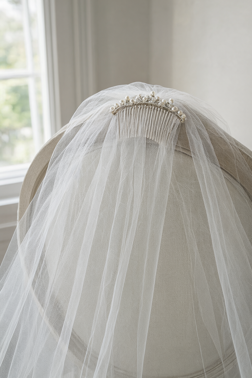 Sheer cathedral veil draped over the back of a pale upholstered chair, its pearl-set comb catching soft window light