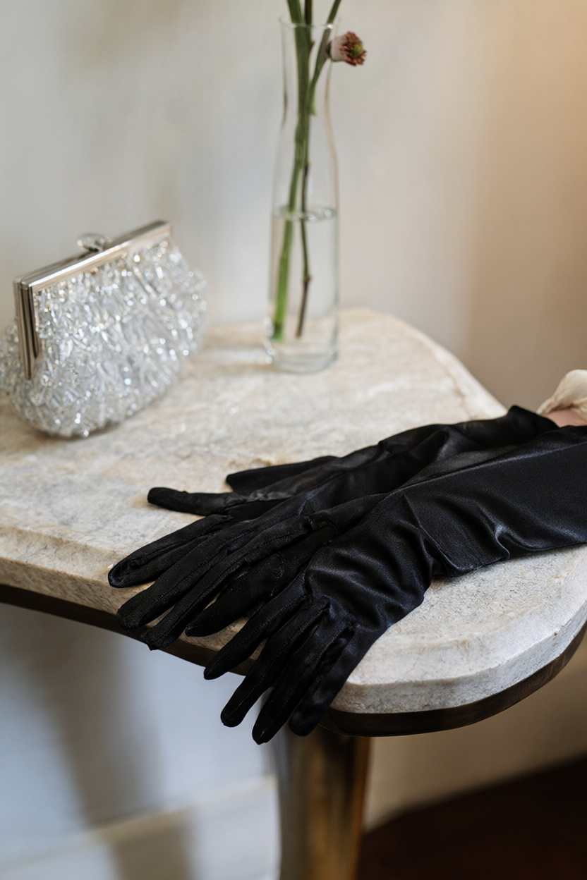 Long black satin gloves laid across a marble console beside a small crystal clutch