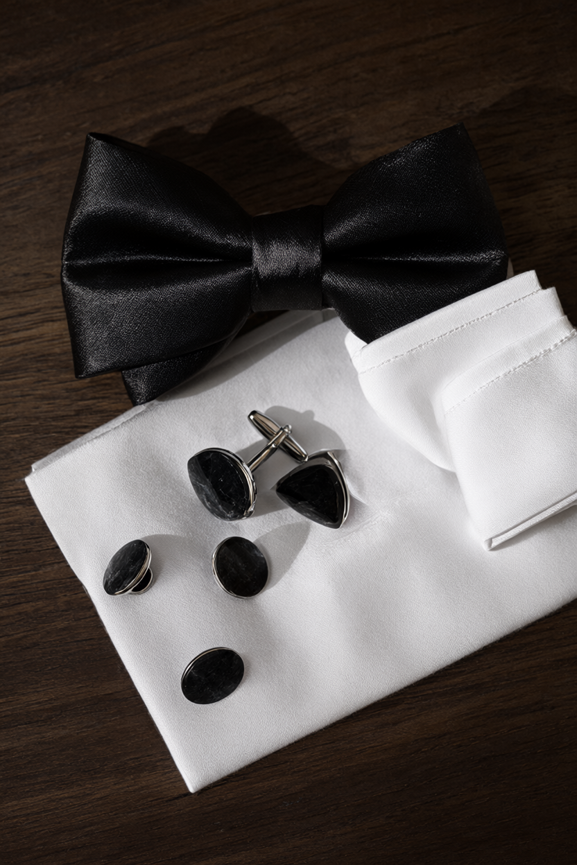 Flat lay of black onyx cufflinks and shirt studs on white cotton with a hand-tied black satin bow tie and a folded white pocket square