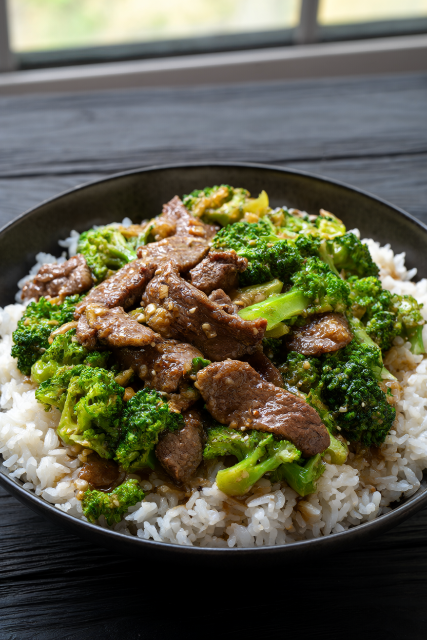 Beef and broccoli stir-fry with flank steak and broccoli in garlic ginger sauce over jasmine rice in a dark ceramic bowl