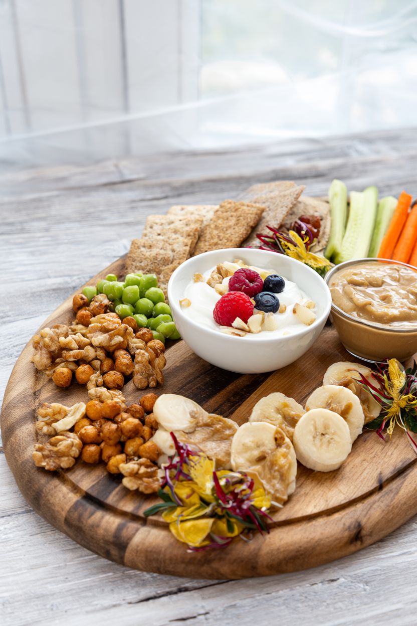 A snack pairing board with Greek yogurt and berries, banana with peanut butter, hummus with veggie sticks, crackers, edamame and roasted chickpeas