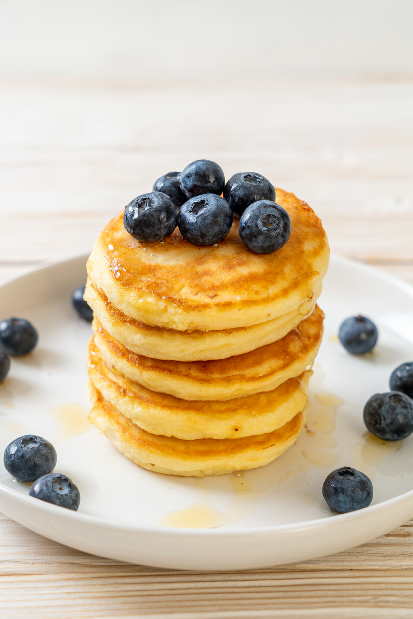 Stack of golden cottage cheese pancakes topped with fresh blueberries and maple syrup.