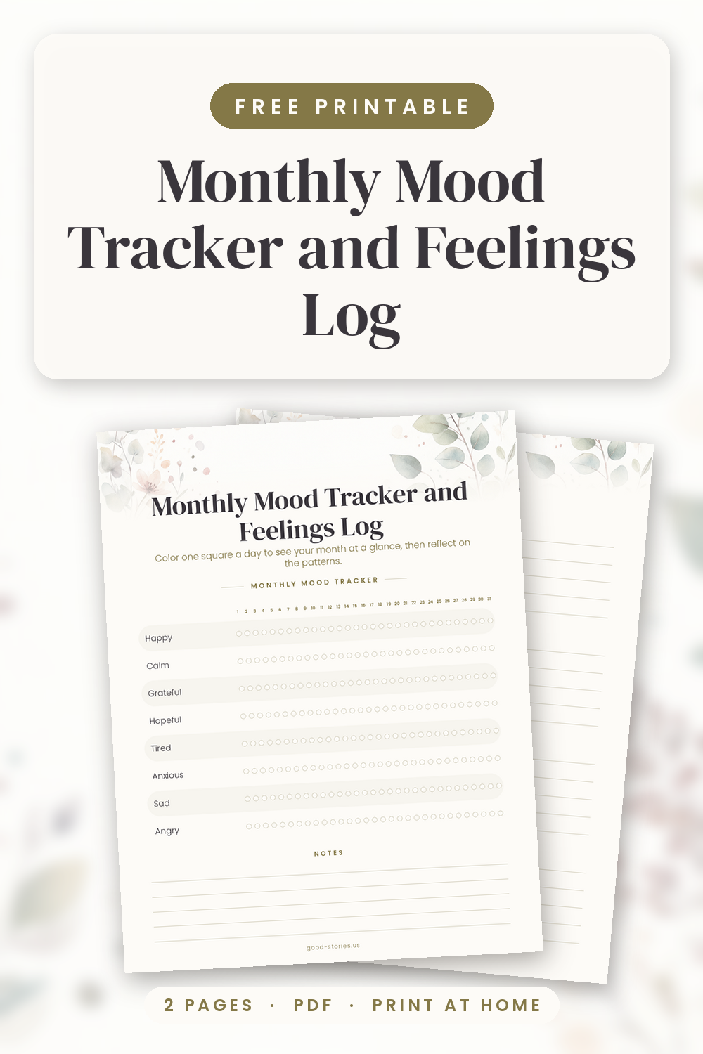 Flat lay of the printed Monthly Mood Tracker and Feelings Log on a cream clipboard with colored pencils, a glass mug of tea and dried eucalyptus on a warm oak desk