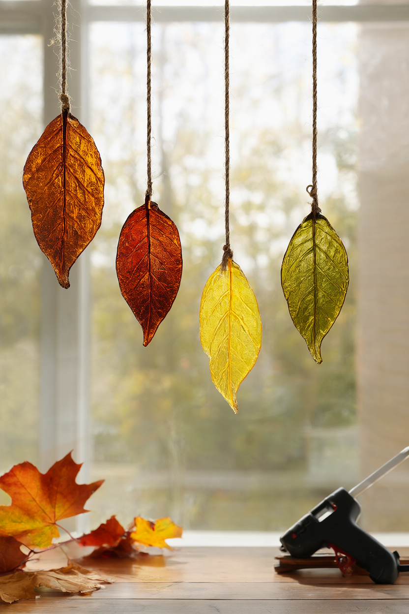 Hot glue faux stained glass fall leaf suncatchers in amber, rust, yellow and olive green hanging on a sunny window.
