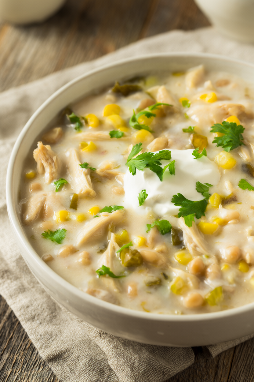 A bowl of creamy white chicken chili with shredded chicken, cannellini beans, corn and green chiles, topped with Greek yogurt and cilantro.