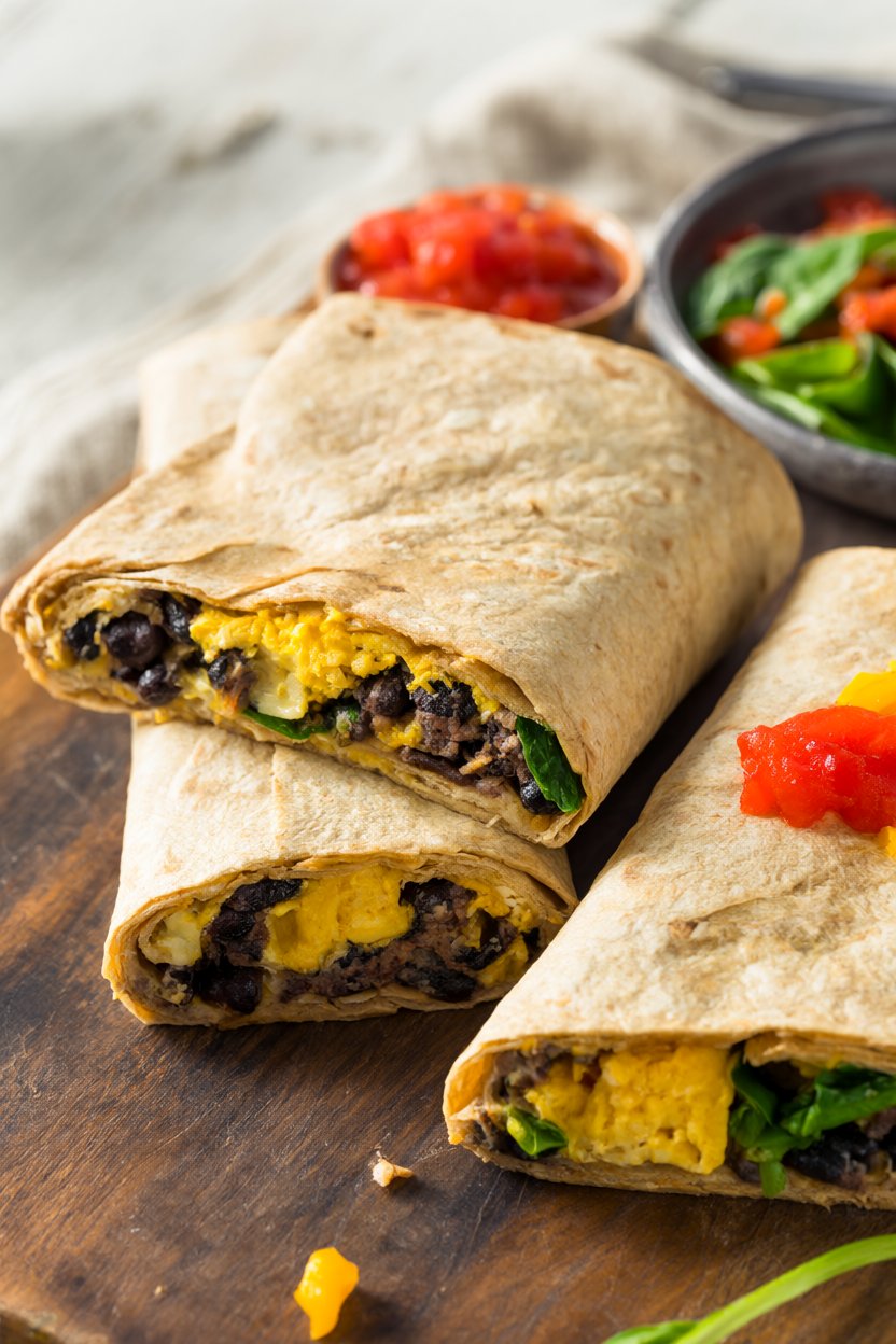 Two make-ahead black bean and egg breakfast burritos sliced in half on a rustic wooden board with salsa