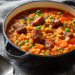 Hearty beef and barley soup with tender beef, pearl barley and vegetables in a rustic Dutch oven