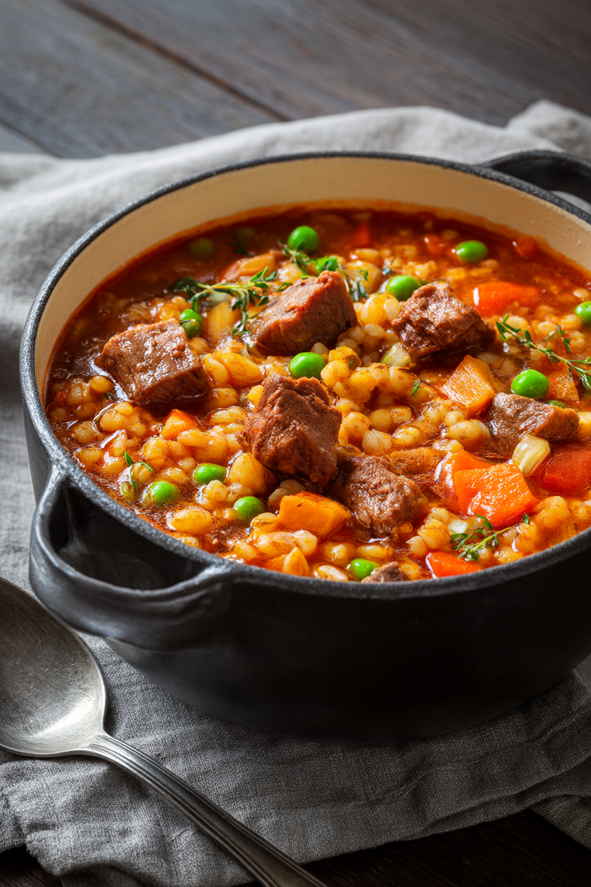 Hearty beef and barley soup with tender beef, pearl barley and vegetables in a rustic Dutch oven