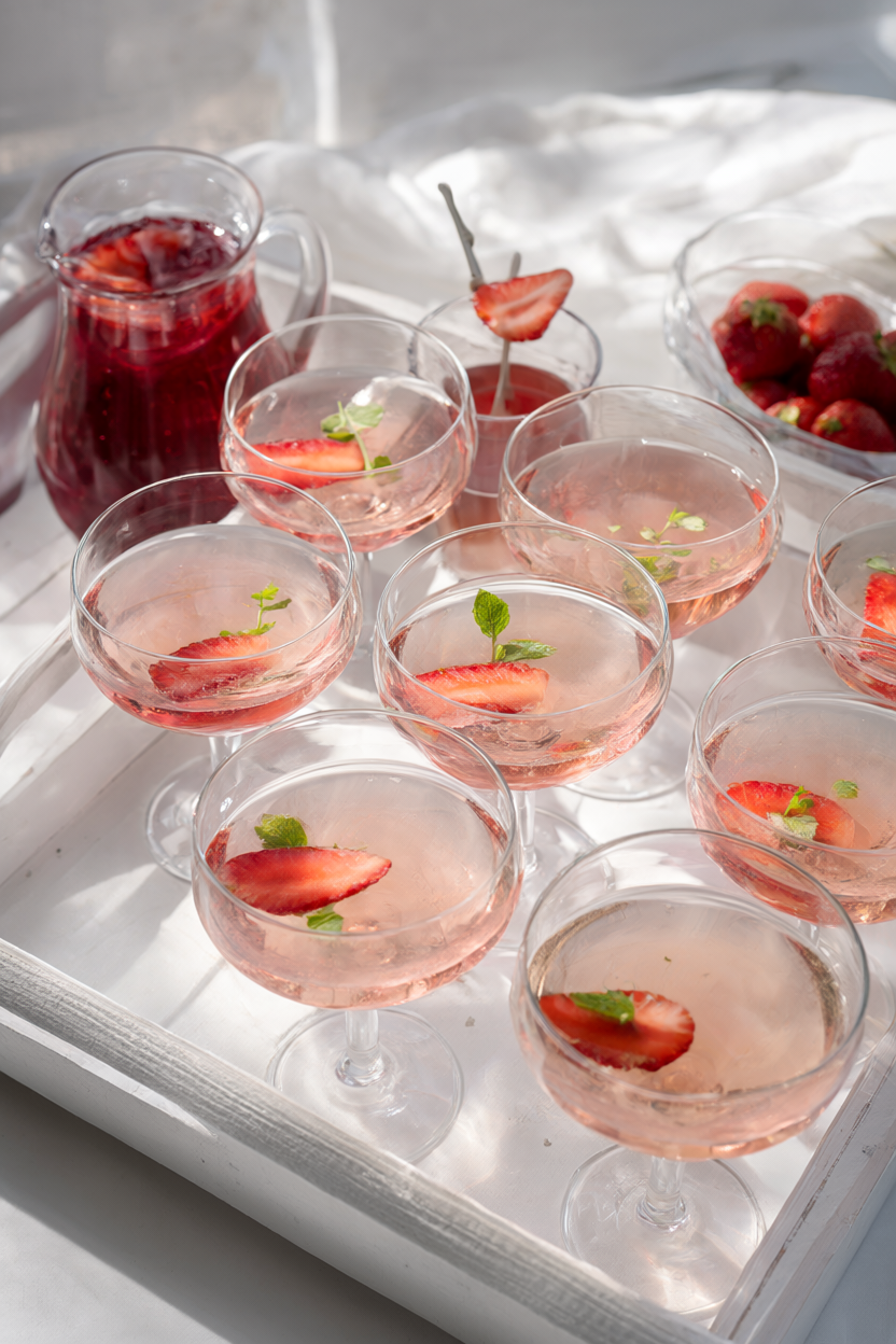 Blush strawberry-rhubarb spritzes in coupes on a white linen tray with strawberry and mint garnishes, a pitcher of ruby syrup and fresh strawberries