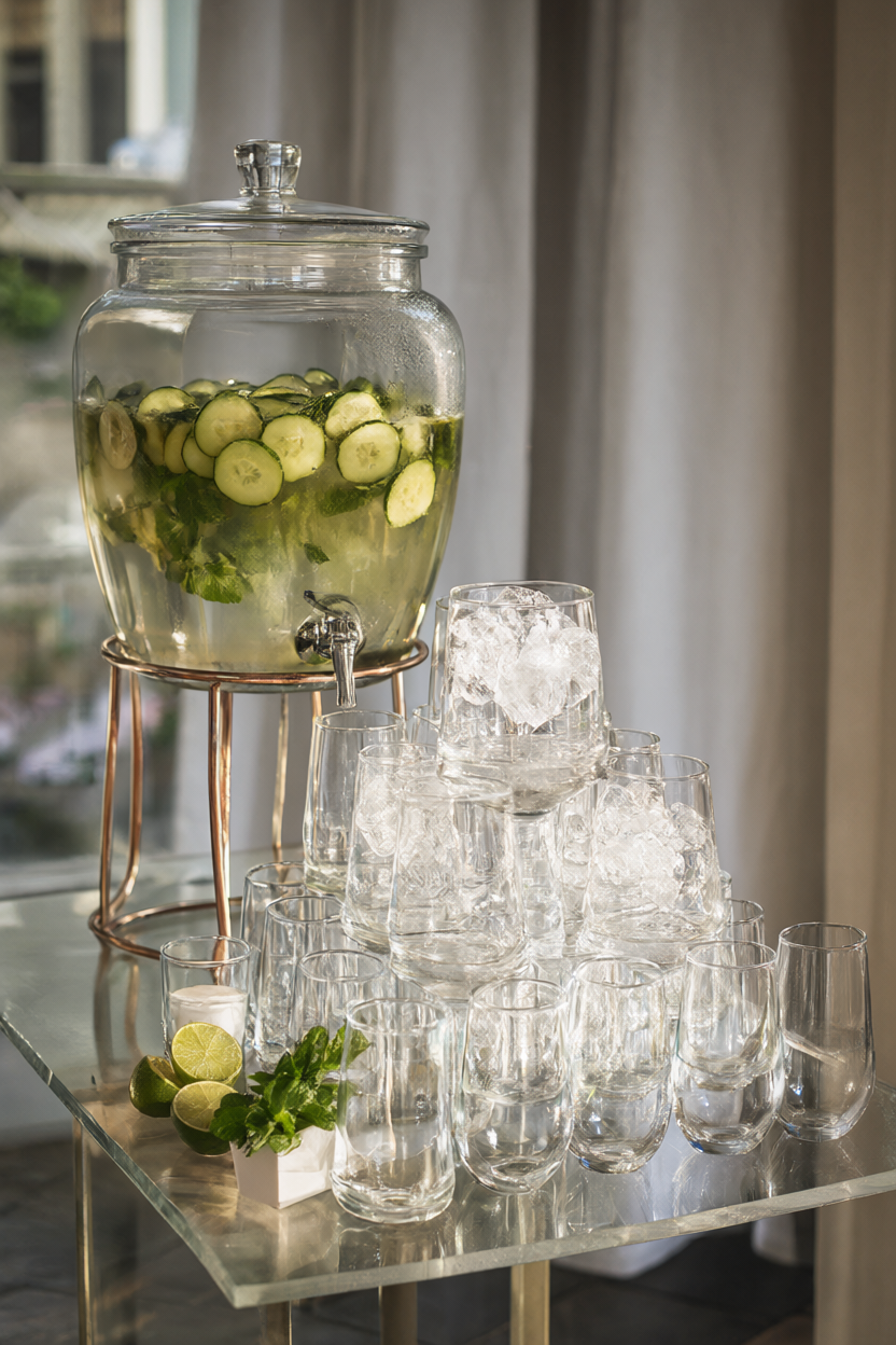 A tall glass dispenser of cucumber-mint cooler with floating cucumber slices and mint, stacked ice-filled glasses, cut limes and a potted mint plant