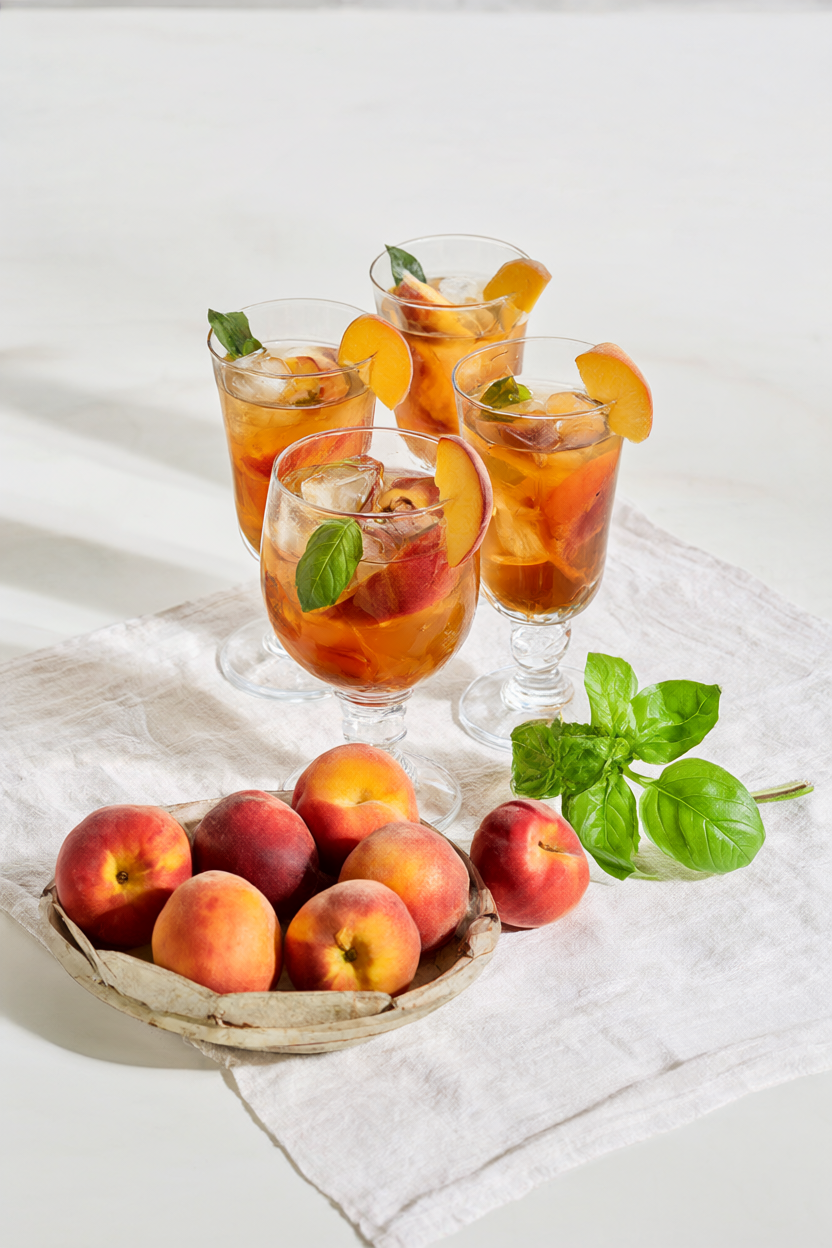Tall glasses of amber peach iced tea with peach wedges and basil leaves beside a tray of ripe peaches on a white table with a linen runner