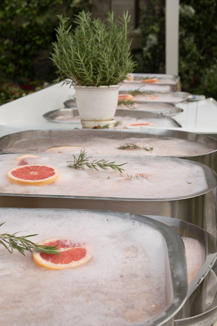 A row of coupes of pale pink grapefruit fizz with rosemary sprigs, grapefruit halves and a potted rosemary plant against soft greenery