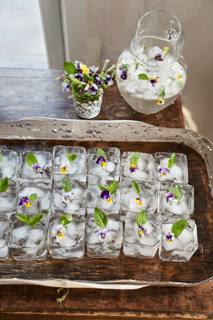 A tray of square ice cubes with embedded pansies and mint leaves beside a bowl of the same cubes, a glass pitcher and a small vase of flowers