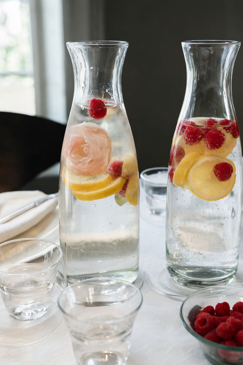 Two glass carafes on a dining table, one with rose sangria and floating raspberries and lemon slices, the other with sparkling water and the same fruit
