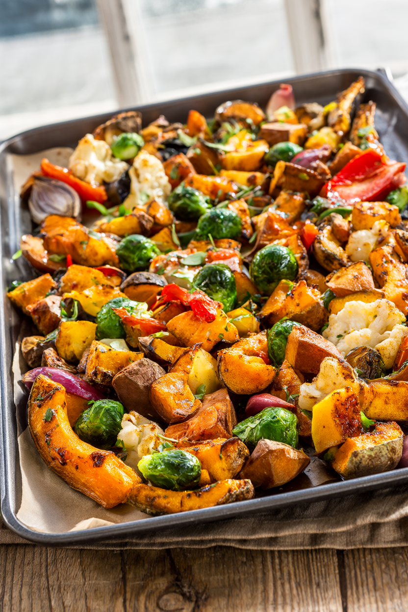Sheet pan of roasted butternut squash, sweet potato, Brussels sprouts, carrots, red onion, pepper and cauliflower ready for weekly meal prep.