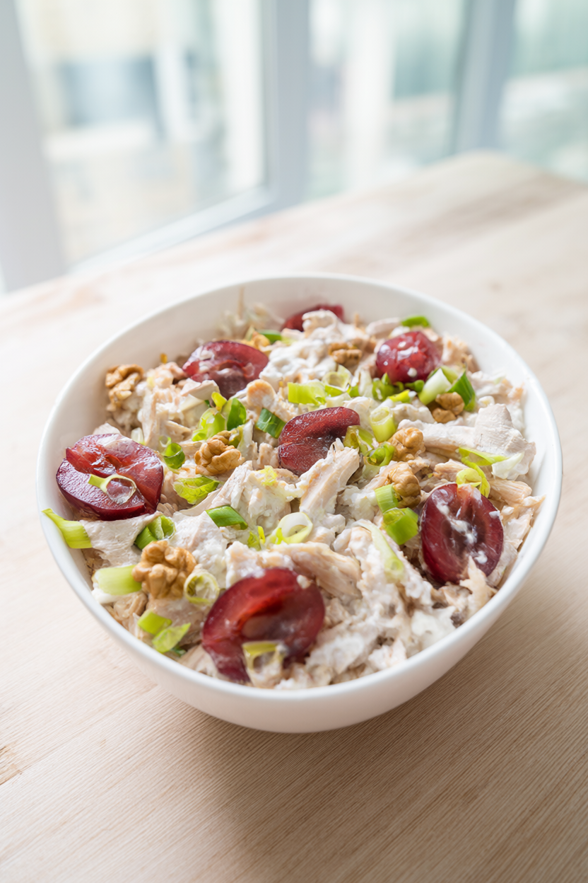 Creamy chicken salad with Greek yogurt, red grapes, walnuts and green onions in a bowl