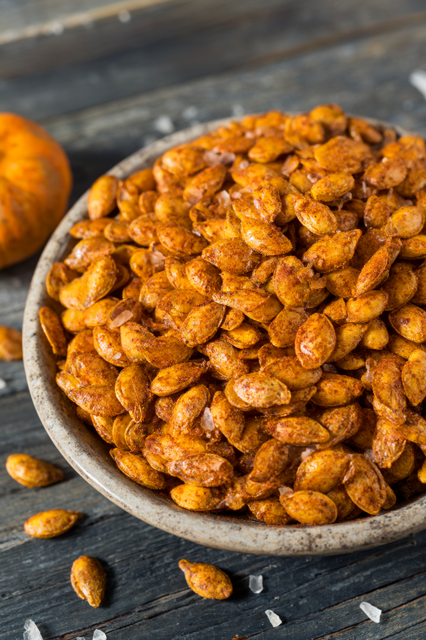 Extra crispy roasted pumpkin seeds with sea salt in a rustic ceramic bowl on a dark wood table.