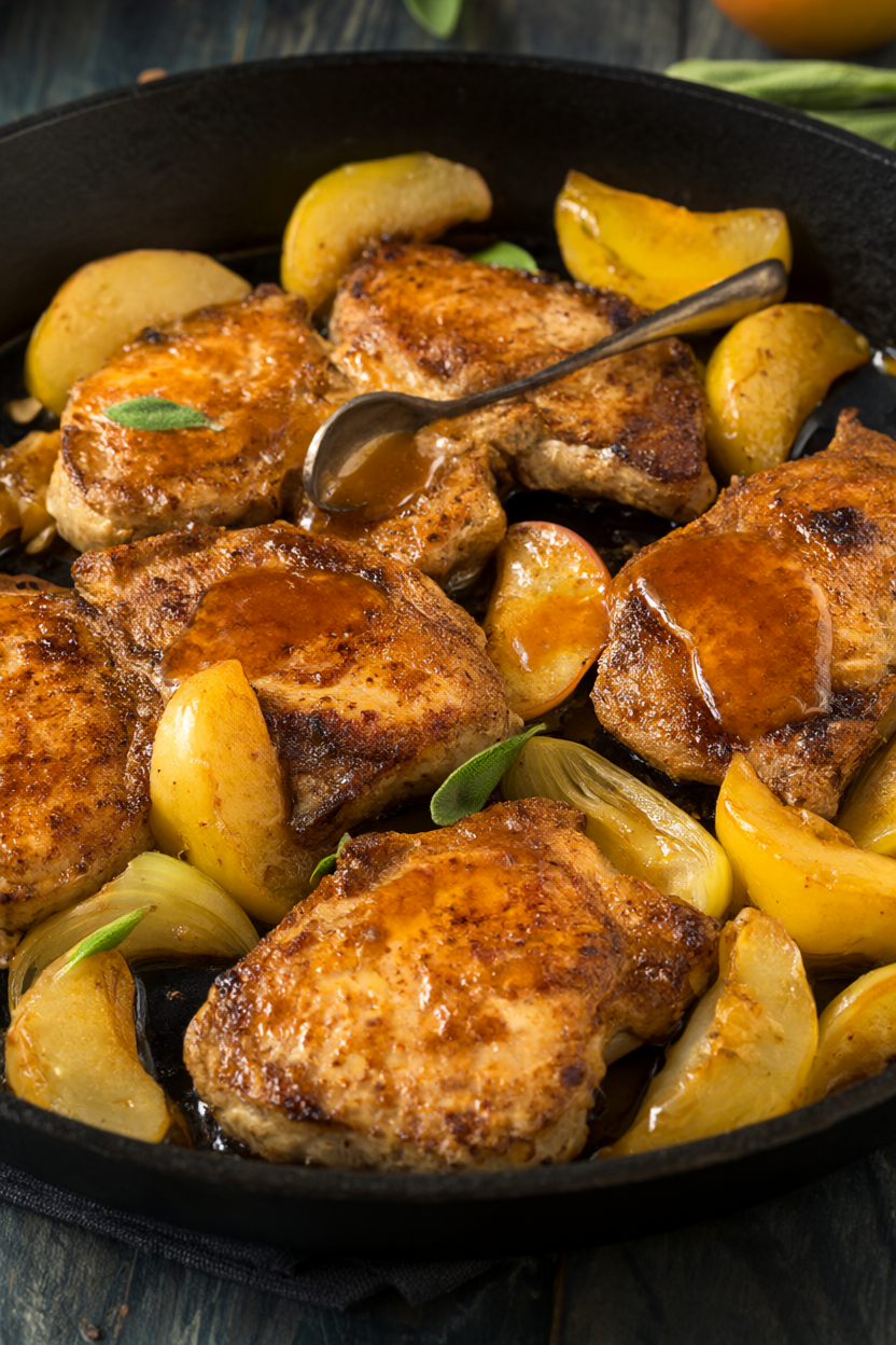 Golden-seared skillet pork chops with apples, onions and sage in a cast iron skillet