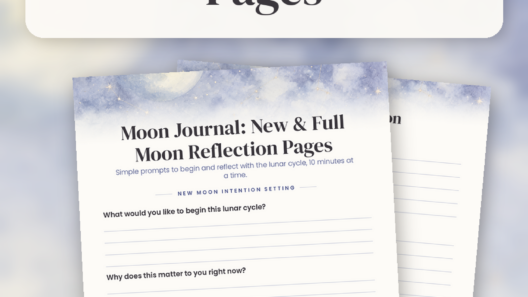 Overhead photo on dark navy linen of an open moon journal worksheet with a pen, brass moon-phase garland, star confetti, dried eucalyptus and a mug of tea in soft lamplight