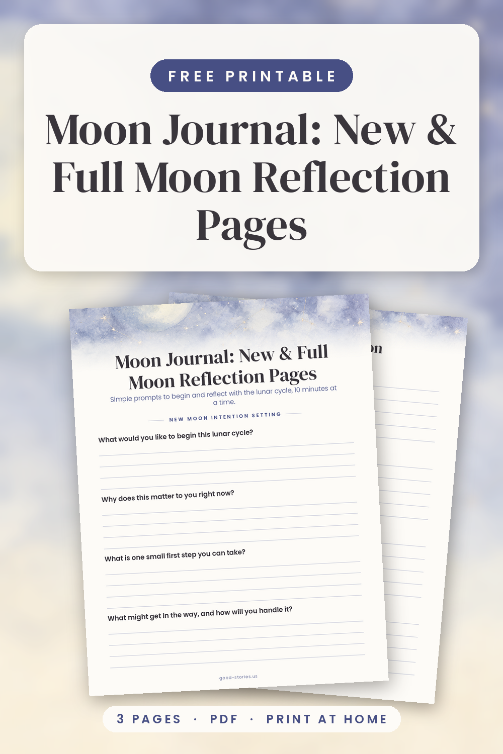 Overhead photo on dark navy linen of an open moon journal worksheet with a pen, brass moon-phase garland, star confetti, dried eucalyptus and a mug of tea in soft lamplight
