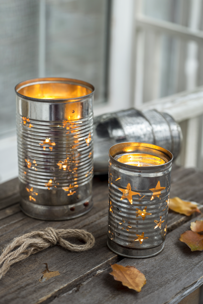 Two upcycled tin can lanterns with punched star and dot patterns glowing from warm LED tea lights on a weathered wooden porch table with dried autumn leaves and twine.