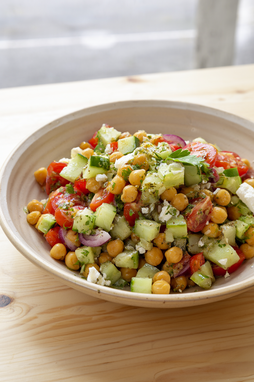 Mediterranean chickpea salad with cherry tomatoes, cucumber, red onion, feta and parsley in a lemon-oregano vinaigrette