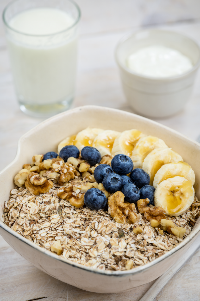 Healthy breakfast bowl of rolled oats topped with blueberries, banana and walnuts beside milk and plain yogurt.