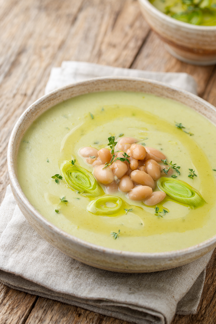Creamy one-pot potato leek soup with white beans in a rustic bowl, topped with cannellini beans, fresh thyme and leek rings