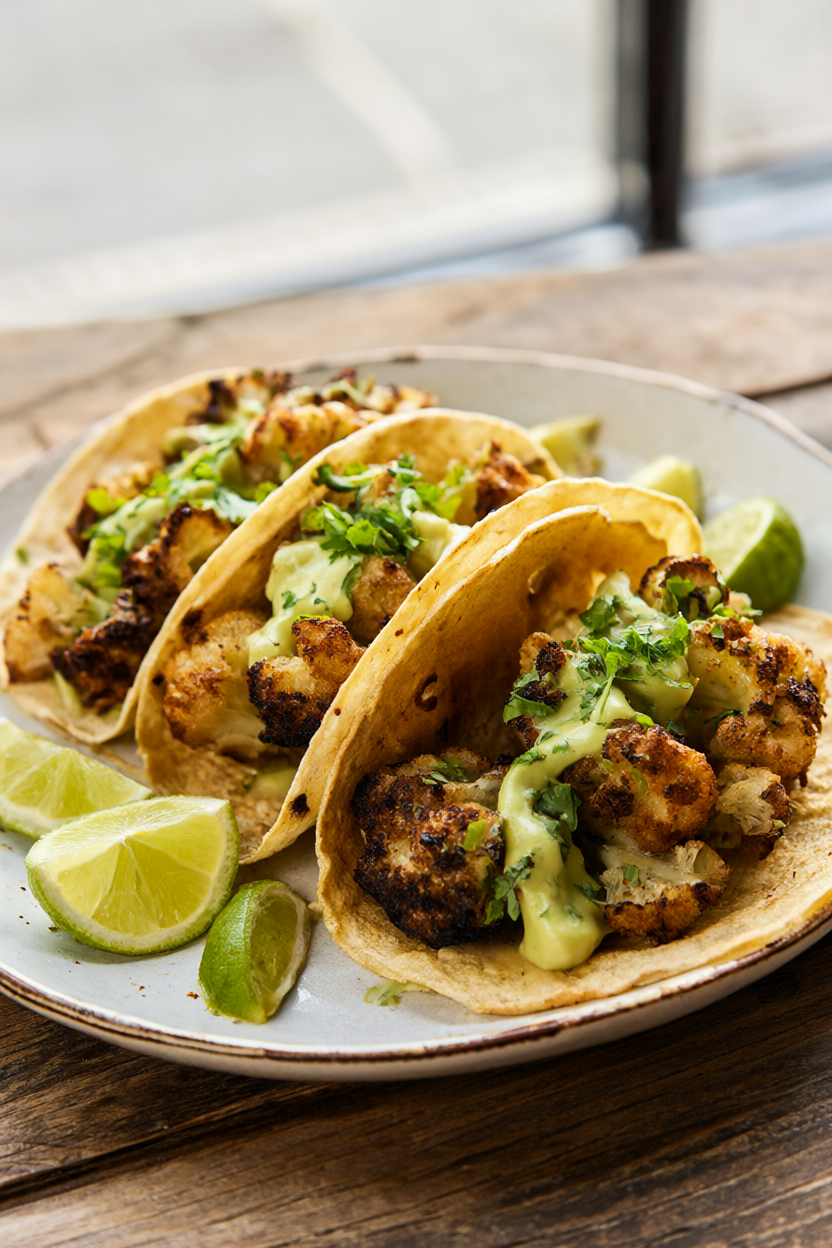 Three crispy roasted cauliflower tacos with avocado crema, cilantro and lime wedges