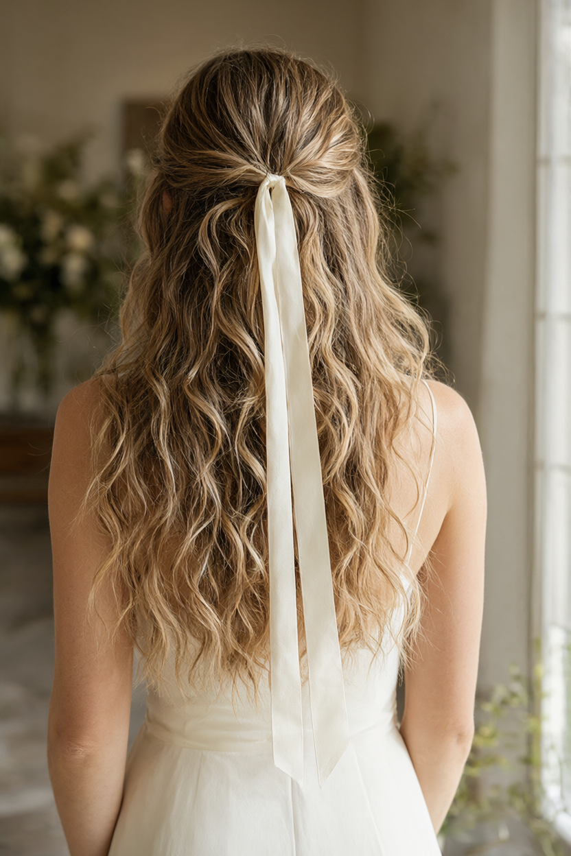 Loose waves gathered into a low half-up with a long ivory ribbon over a simple gown.