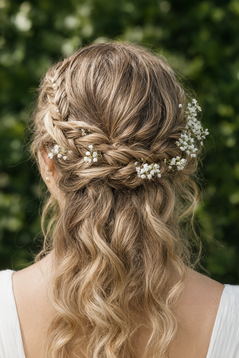 Soft halo braid dotted with tiny white baby's-breath sprigs against garden greenery.
