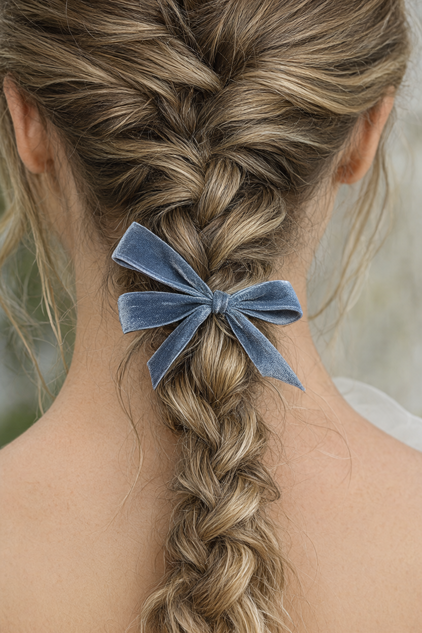 Low twisted ponytail finished with a thin dusty-blue velvet bow and loose strands.