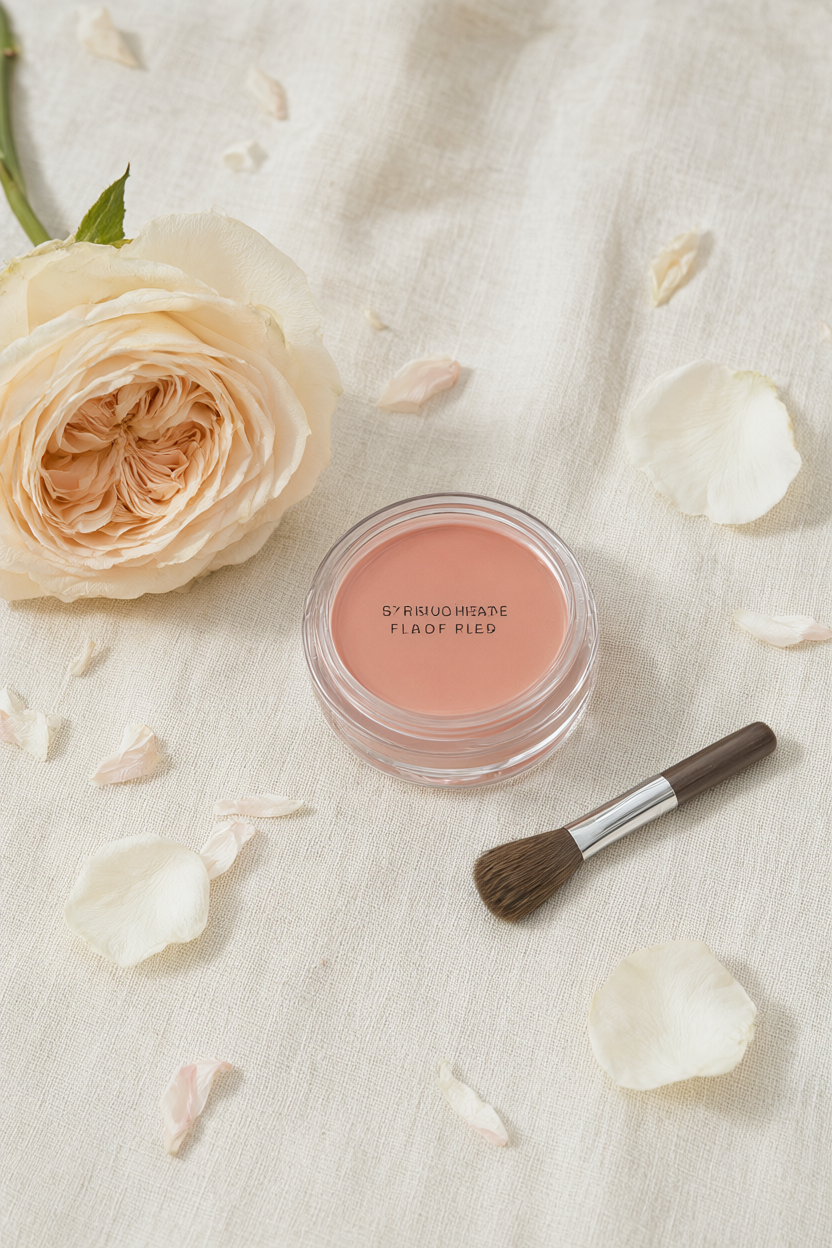 Cream blush, rose-tinted balm, a small brush and scattered petals on linen in soft daylight.