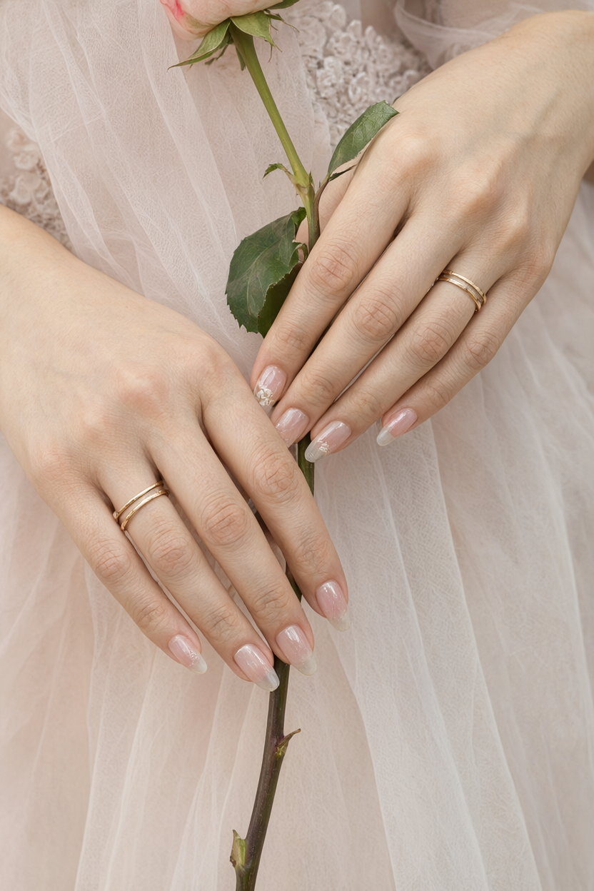 Hands holding a garden rose stem with delicate gold rings and sheer pink nails.