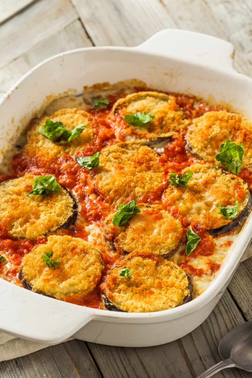 Baked eggplant Parmesan in a white baking dish with golden panko-crusted eggplant, bubbling marinara, melted mozzarella and torn basil.