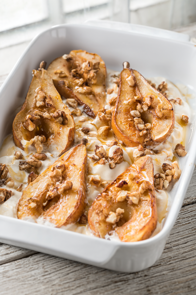 Honey roasted pear halves topped with toasted walnuts and Greek yogurt in a white baking dish
