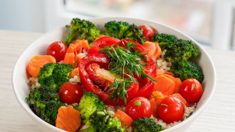 Colorful roasted vegetable bowl with broccoli, cherry tomatoes, carrots and red bell pepper over rice
