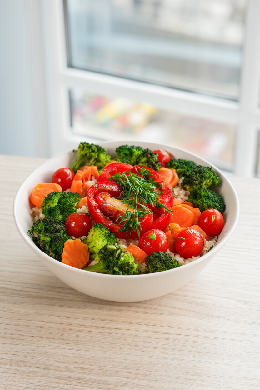 Colorful roasted vegetable bowl with broccoli, cherry tomatoes, carrots and red bell pepper over rice