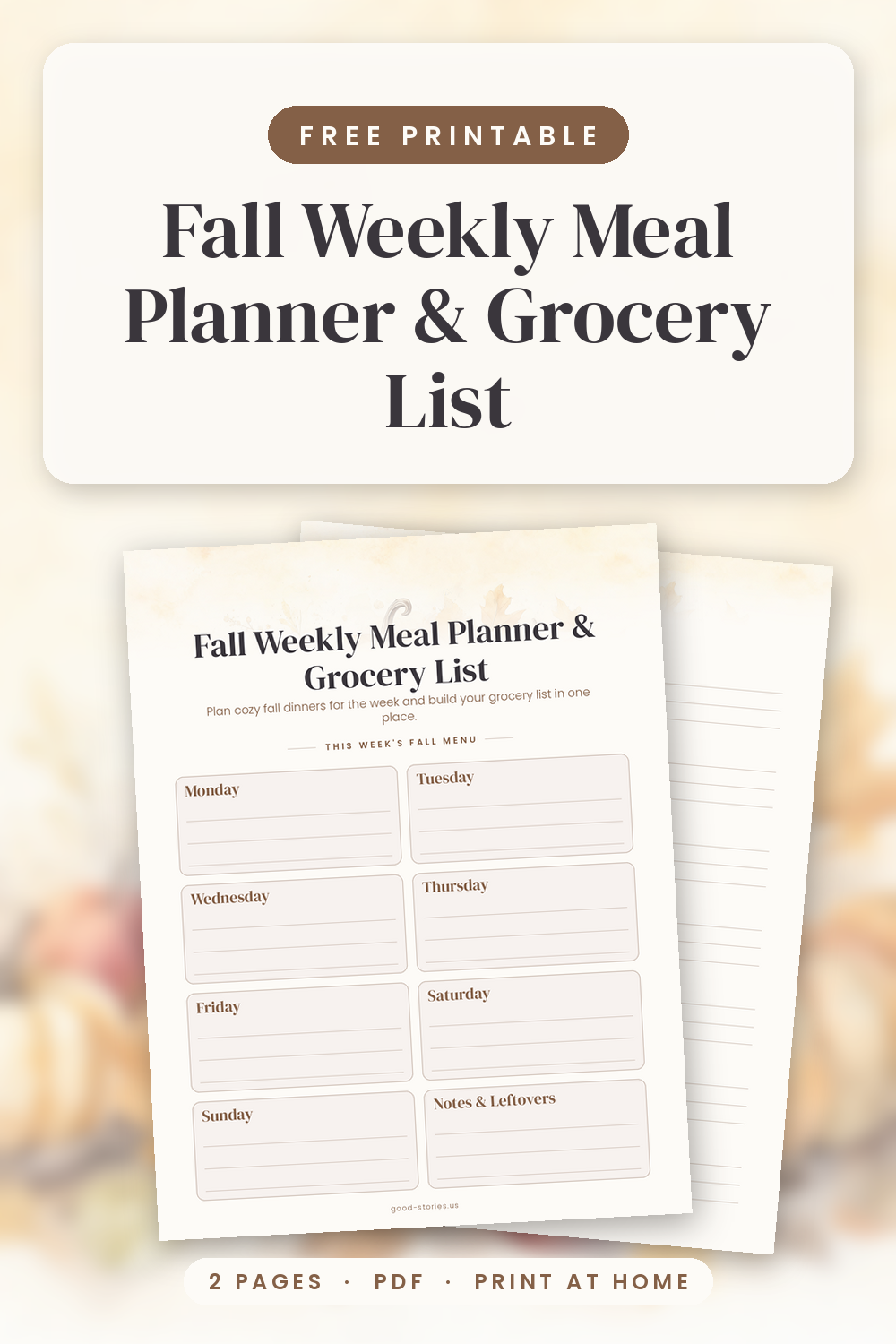 Flat-lay of the printed fall weekly meal planner and grocery list on a warm oak table with a cup of coffee, a white pumpkin, cinnamon sticks and golden leaves.
