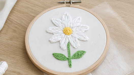 Finished hand-embroidered daisy hoop with white lazy-daisy petals, a butter-yellow French-knot center and green stem and leaves in a 6-inch wooden hoop