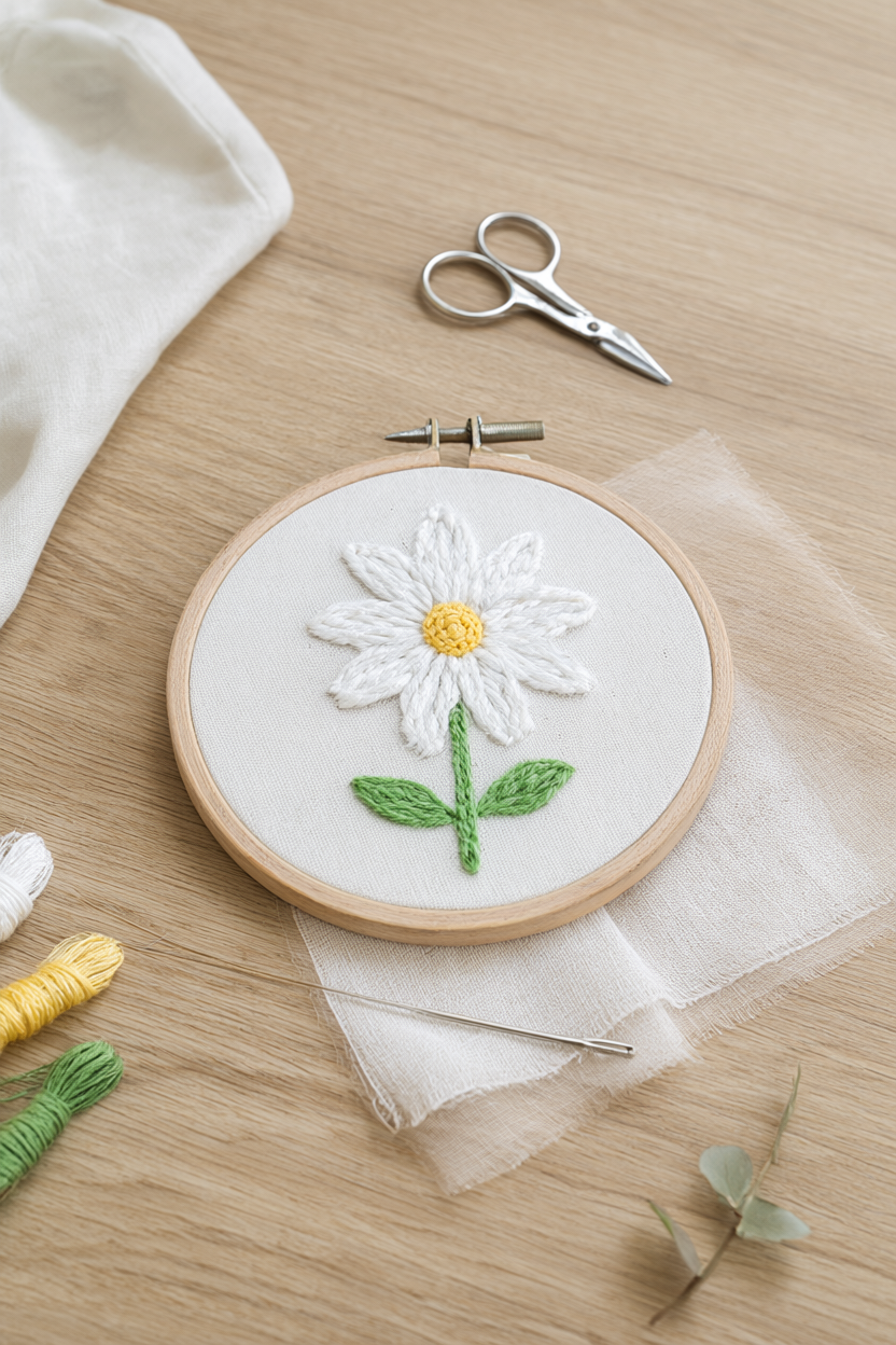 Beginner embroidery hoop art with a white lazy daisy flower, butter-yellow French knot center, green stem and leaves on cream linen in a 6-inch wooden hoop