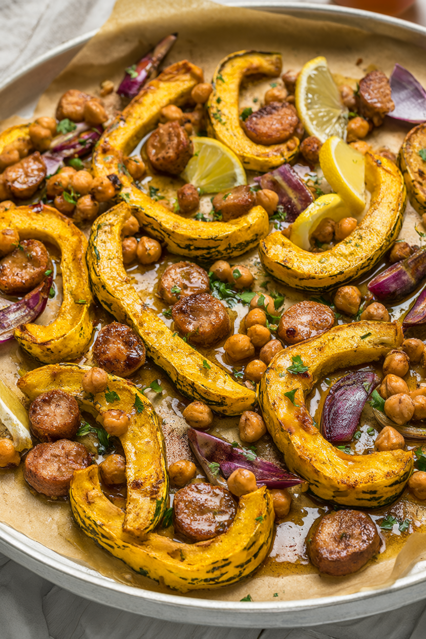 Sheet pan of roasted delicata squash half-moons with chicken sausage, chickpeas, and red onion