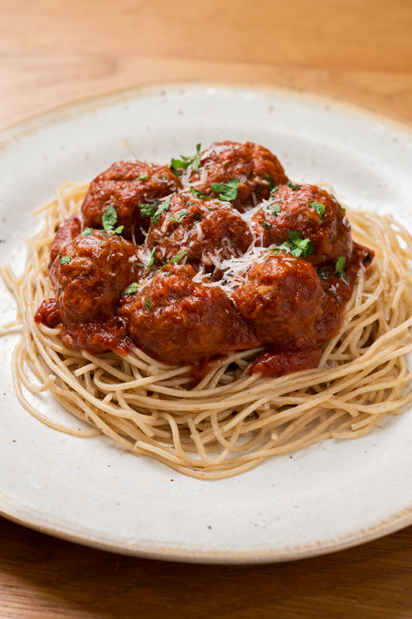 Turkey meatballs in marinara over whole wheat spaghetti topped with basil and Parmesan