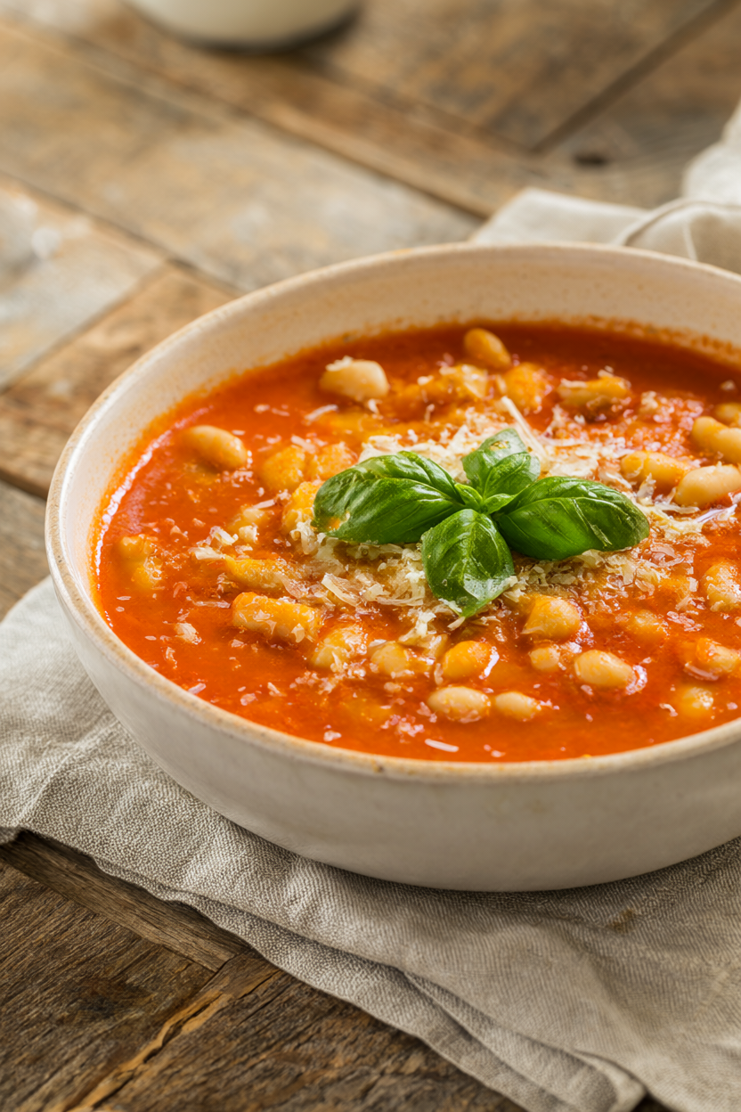Bowl of creamy tomato white bean soup topped with fresh basil and grated Parmesan on a rustic wooden table