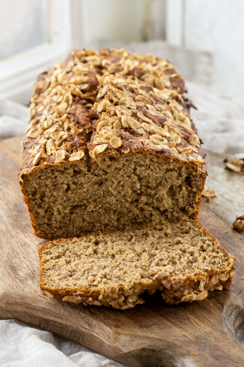 Sliced healthy banana bread with Greek yogurt and oats topped with walnuts on a rustic wooden board