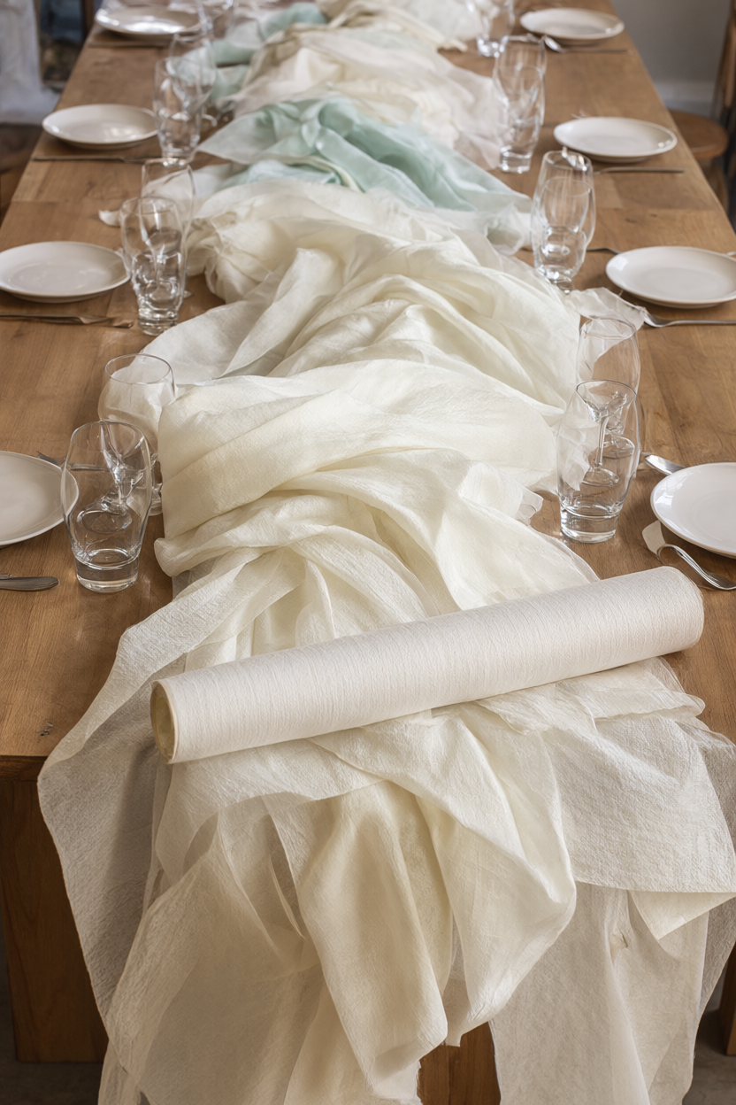 A long wooden table with overlapping cream and pale sage fabric runners and white plates