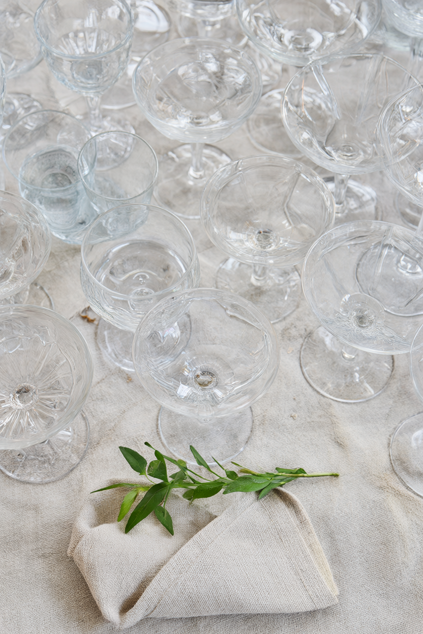Top-down view of vintage pressed-glass goblets and coupes with a sprig of foliage on linen