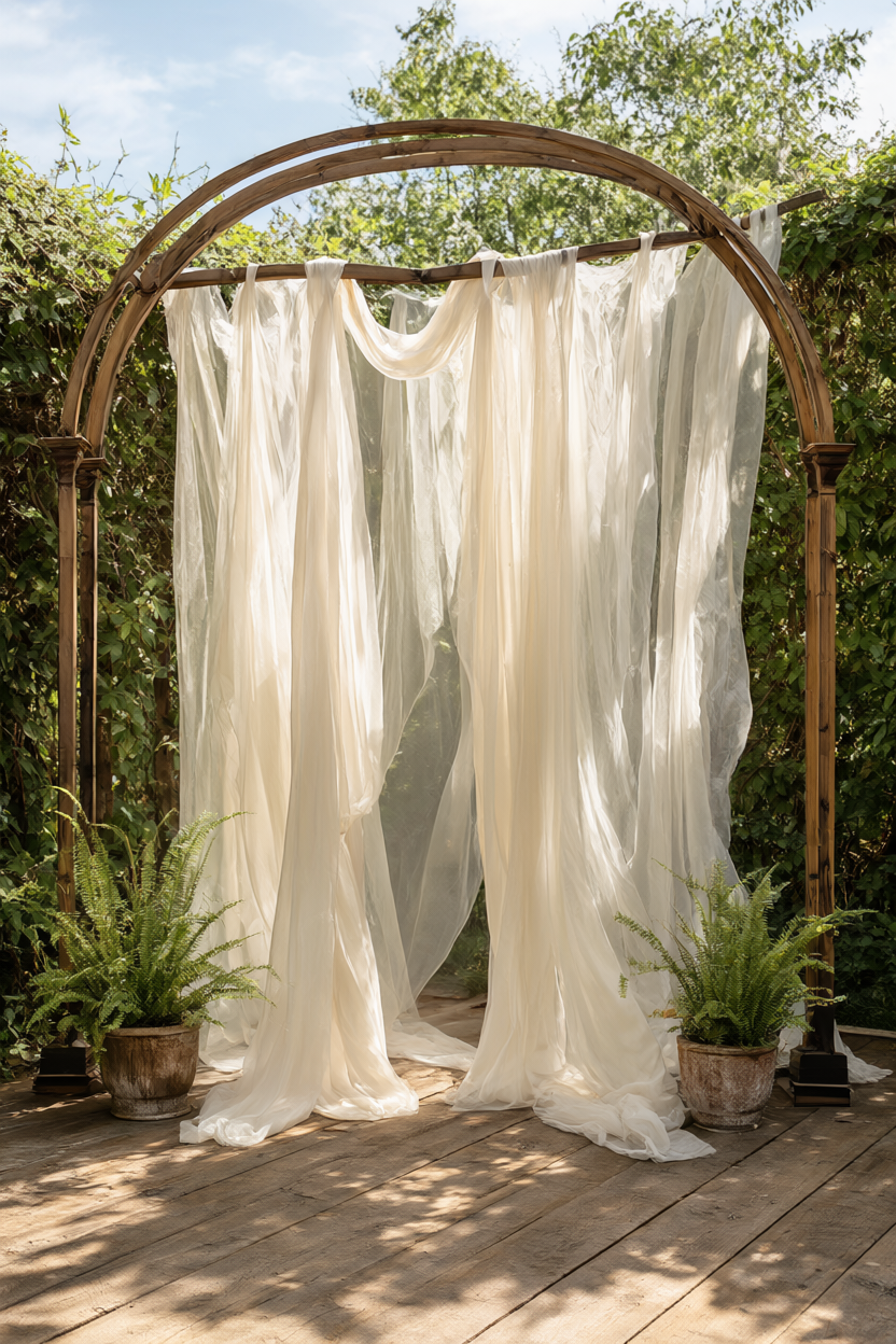 A bare wooden arch draped with cream sheer panels and two potted ferns in a green corner