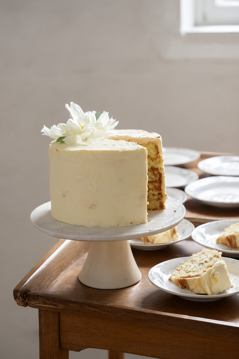 A small cream buttercream cake with white blooms on a wooden cart beside plated cake slices