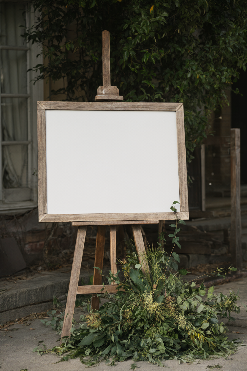 Two thrifted picture frames with printed sign sheets on a wooden easel framed by greenery